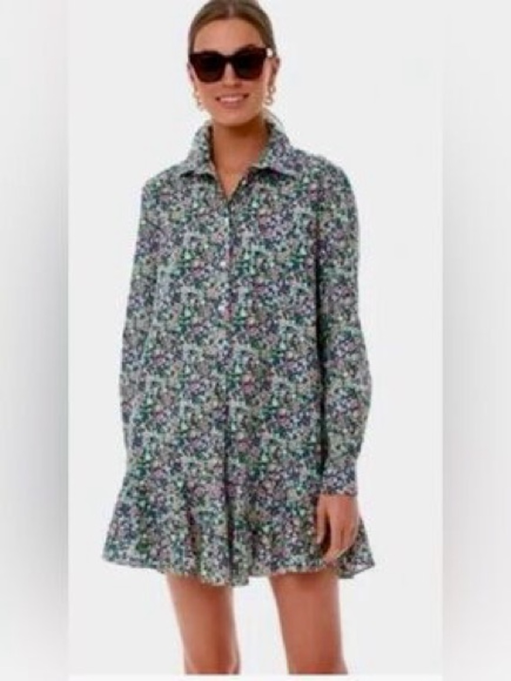 Tuckernuck Callahan Floral Shirt Dress XS Blue Pink Green Cotton Ruffle